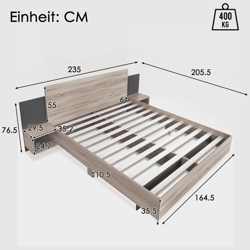 Cama de casal 160x200 cm - Com 2 mesas de cabeceira, estrutura em madeira, cor carvalho Sonomacinza escuro