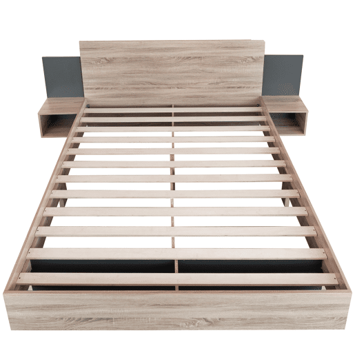 Cama de casal 160x200 cm - Com 2 mesas de cabeceira, estrutura em madeira, cor carvalho Sonomacinza escuro