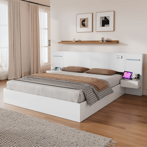 Cama de casal 180x200cm - com USB, relógio eletrónico, altifalantes Bluetooth, luz LED e 2 mesas de cabeceira - Branco