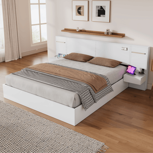 Cama de casal 180x200cm - com USB, relógio eletrónico, altifalantes Bluetooth, luz LED e 2 mesas de cabeceira - Branco