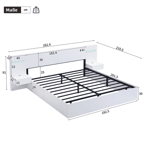 Cama de casal 180x200cm - com USB, relógio eletrónico, altifalantes Bluetooth, luz LED e 2 mesas de cabeceira - Branco