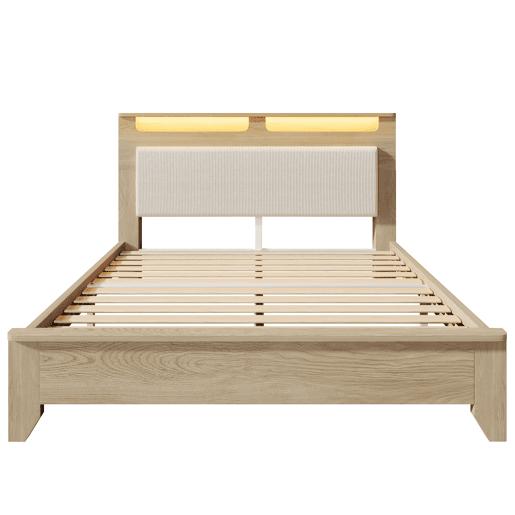 Cama de casal 140x200 cm - Cabeceira com arrumação, iluminação LED, encosto em tecido veludo bege - Carvalho claro