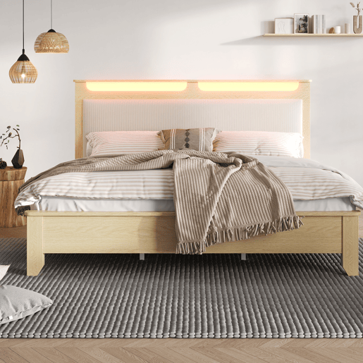Cama de casal 140x200 cm - Cabeceira com arrumação, iluminação LED, encosto em tecido veludo bege - Carvalho claro
