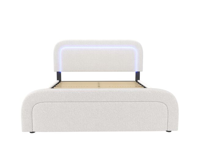 Cama doble acolchada sherpa con 2 cajones - 140x200cm - con led y puertos de carga - blanco
