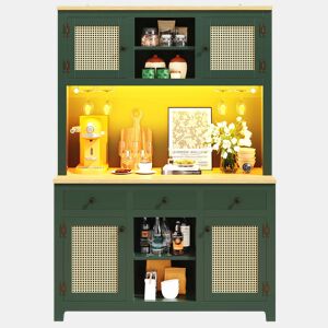 Armário alto com LED - Rattan PE com sistema de iluminação LED, proteção anti-tombamento, prateleiras ajustáveis e gavetas, estilo vintage para cozinha, sala de estar e sala de jantar - Verde antigo