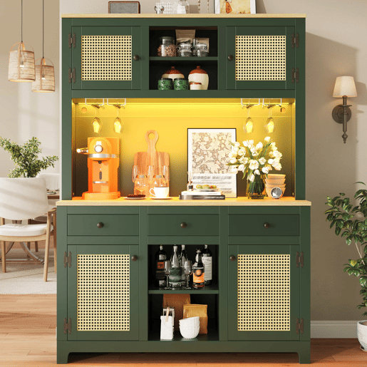 Armário alto com LED - Rattan PE com sistema de iluminação LED, proteção anti-tombamento, prateleiras ajustáveis e gavetas, estilo vintage para cozinha, sala de estar e sala de jantar - Verde antigo