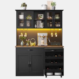 Armário de cozinha de 140 cm u2013 com gaveta extraível, iluminação LED, despensa com suporte para garrafas e copos, aparador iluminado para sala de estar e de jantar u2013 Preto