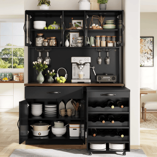 Armário de cozinha de 140 cm u2013 com gaveta extraível, iluminação LED, despensa com suporte para garrafas e copos, aparador iluminado para sala de estar e de jantar u2013 Preto