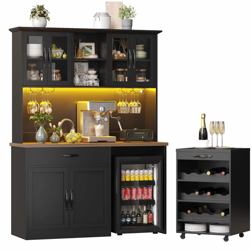 Armário de cozinha de 140 cm u2013 com gaveta extraível, iluminação LED, despensa com suporte para garrafas e copos, aparador iluminado para sala de estar e de jantar u2013 Preto