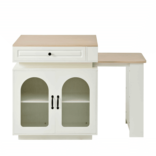 Ilha de cozinha com rodízios - mesa extensível com iluminação LED, balcão com tomadas, multifuncional como ilha, aparador ou balcão - Branco
