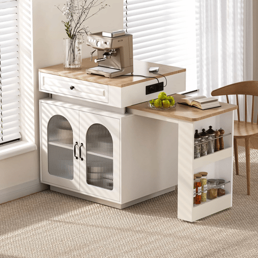 Ilha de cozinha com rodízios - mesa extensível com iluminação LED, balcão com tomadas, multifuncional como ilha, aparador ou balcão - Branco