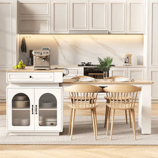 Ilha de cozinha com rodízios - mesa extensível com iluminação LED, balcão com tomadas, multifuncional como ilha, aparador ou balcão - Branco