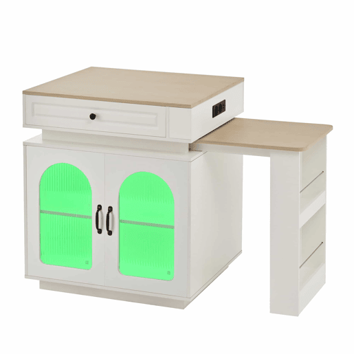 Ilha de cozinha com rodízios - mesa extensível com iluminação LED, balcão com tomadas, multifuncional como ilha, aparador ou balcão - Branco