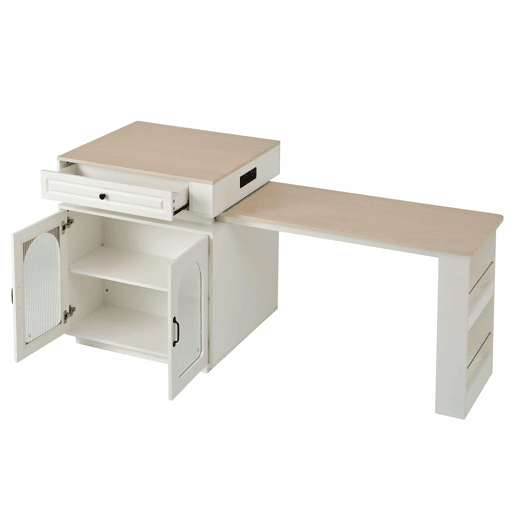 Ilha de cozinha com rodízios - mesa extensível com iluminação LED, balcão com tomadas, multifuncional como ilha, aparador ou balcão - Branco