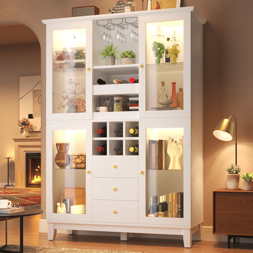 Adega 180,5 x 120 x 40 cm - iluminação LED controlada por aplicação, 3 gavetas, suporte para copos e garrafas - branco