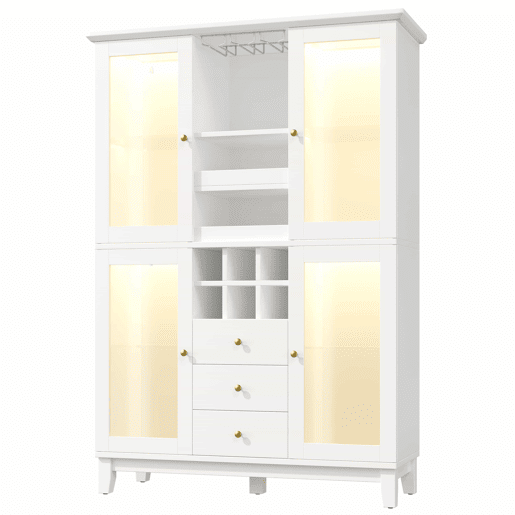 Adega 180,5 x 120 x 40 cm - iluminação LED controlada por aplicação, 3 gavetas, suporte para copos e garrafas - branco