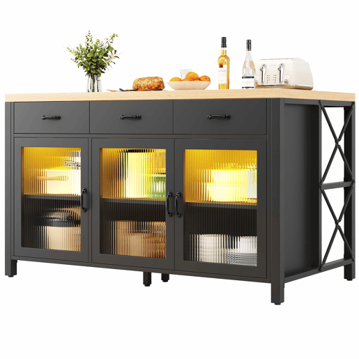Ilha de cozinha 150 x 80 x 90 cm - design industrial, 3 gavetas, portas de vidro, iluminação, pés ajustáveis - PretoNatural Ilha de cozinha 150 x 80 x 90 cm - design industrial, 3 gavetas, portas de vidro, iluminação, pés ajustáveis - PretoNatural