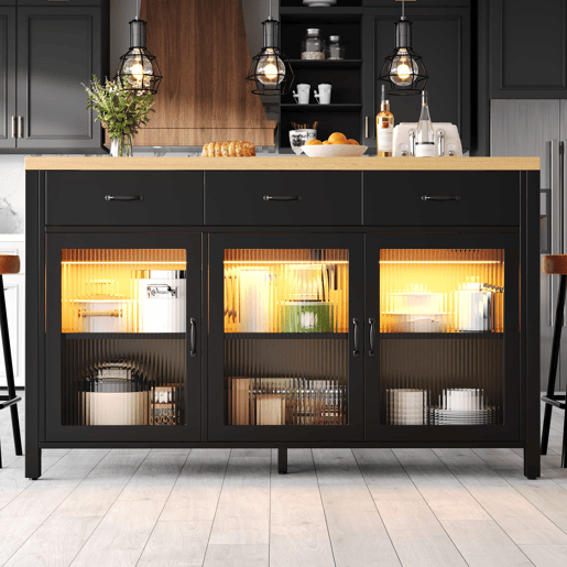 Ilha de cozinha 150 x 80 x 90 cm - design industrial, 3 gavetas, portas de vidro, iluminação, pés ajustáveis - PretoNatural Ilha de cozinha 150 x 80 x 90 cm - design industrial, 3 gavetas, portas de vidro, iluminação, pés ajustáveis - PretoNatural