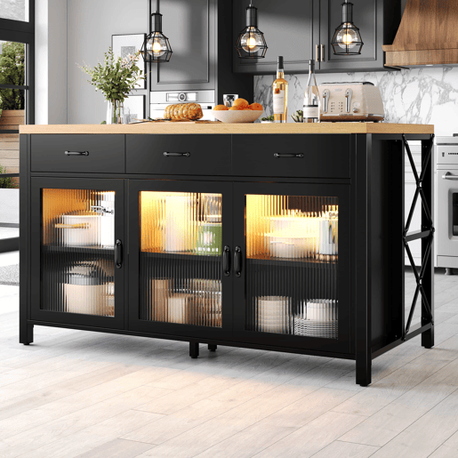 Ilha de cozinha 150 x 80 x 90 cm - design industrial, 3 gavetas, portas de vidro, iluminação, pés ajustáveis - PretoNatural Ilha de cozinha 150 x 80 x 90 cm - design industrial, 3 gavetas, portas de vidro, iluminação, pés ajustáveis - PretoNatural