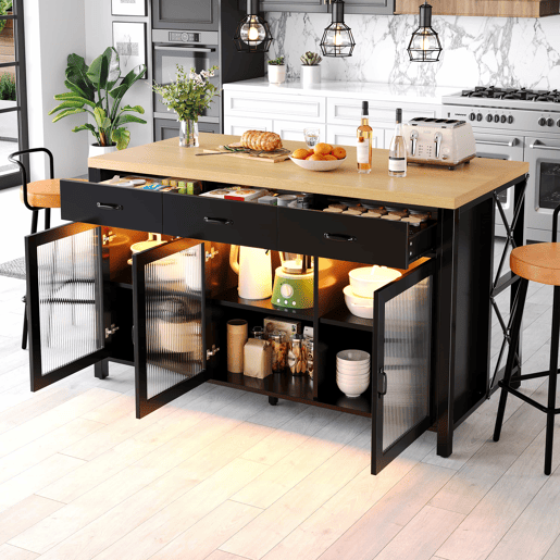 Ilha de cozinha 150 x 80 x 90 cm - design industrial, 3 gavetas, portas de vidro, iluminação, pés ajustáveis - PretoNatural Ilha de cozinha 150 x 80 x 90 cm - design industrial, 3 gavetas, portas de vidro, iluminação, pés ajustáveis - PretoNatural