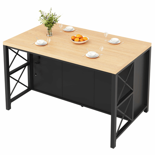 Ilha de cozinha 150 x 80 x 90 cm - design industrial, 3 gavetas, portas de vidro, iluminação, pés ajustáveis - PretoNatural Ilha de cozinha 150 x 80 x 90 cm - design industrial, 3 gavetas, portas de vidro, iluminação, pés ajustáveis - PretoNatural