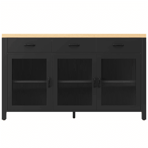 Ilha de cozinha 150 x 80 x 90 cm - design industrial, 3 gavetas, portas de vidro, iluminação, pés ajustáveis - PretoNatural Ilha de cozinha 150 x 80 x 90 cm - design industrial, 3 gavetas, portas de vidro, iluminação, pés ajustáveis - PretoNatural