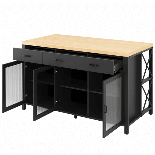 Ilha de cozinha 150 x 80 x 90 cm - design industrial, 3 gavetas, portas de vidro, iluminação, pés ajustáveis - PretoNatural Ilha de cozinha 150 x 80 x 90 cm - design industrial, 3 gavetas, portas de vidro, iluminação, pés ajustáveis - PretoNatural
