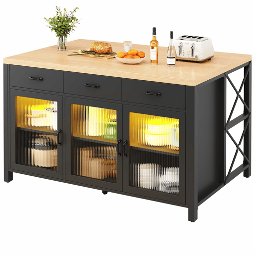 Ilha de cozinha 150 x 80 x 90 cm - design industrial, 3 gavetas, portas de vidro, iluminação, pés ajustáveis - PretoNatural Ilha de cozinha 150 x 80 x 90 cm - design industrial, 3 gavetas, portas de vidro, iluminação, pés ajustáveis - PretoNatural