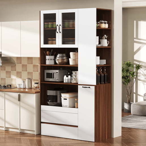 Aparador alto - prateleiras ajustáveis, gavetas, prateleiras extraíveis, vidro estriado, ideal para a sala de jantar, sala de estar e cozinha - branco e nogueira