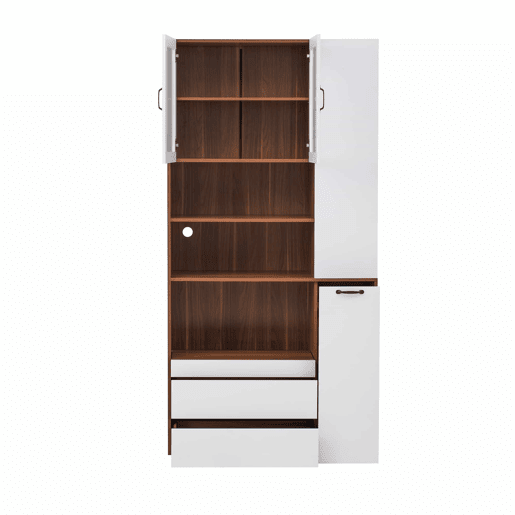 Aparador alto - prateleiras ajustáveis, gavetas, prateleiras extraíveis, vidro estriado, ideal para a sala de jantar, sala de estar e cozinha - branco e nogueira