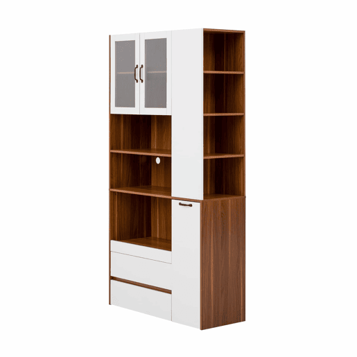 Aparador alto - prateleiras ajustáveis, gavetas, prateleiras extraíveis, vidro estriado, ideal para a sala de jantar, sala de estar e cozinha - branco e nogueira