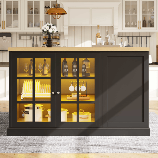 Ilha de cozinha e mesa de bar dobrável multifuncional u2013 com iluminação LED inteligente, suporte para garrafas inclinado e gaveta de arrumação, poupa espaço em apartamentos pequenos, alimentação por USB u2013 Preto