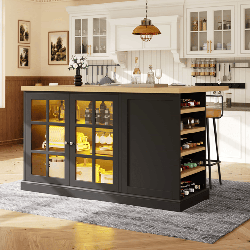 Ilha de cozinha e mesa de bar dobrável multifuncional u2013 com iluminação LED inteligente, suporte para garrafas inclinado e gaveta de arrumação, poupa espaço em apartamentos pequenos, alimentação por USB u2013 Preto