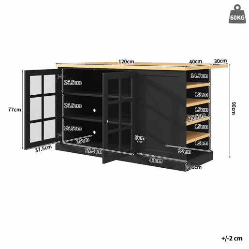 Ilha de cozinha e mesa de bar dobrável multifuncional u2013 com iluminação LED inteligente, suporte para garrafas inclinado e gaveta de arrumação, poupa espaço em apartamentos pequenos, alimentação por USB u2013 Preto