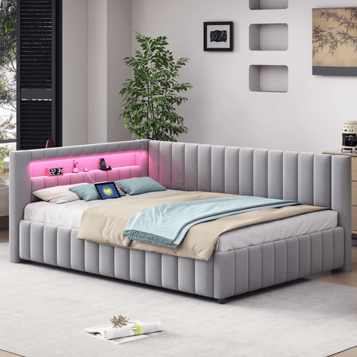 Sofá-cama 140x200 - Polsterbett com luz LED, porta USB, encosto e cabeceira - Cinza