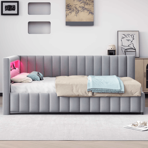 Sofá-cama 140x200 - Polsterbett com luz LED, porta USB, encosto e cabeceira - Cinza