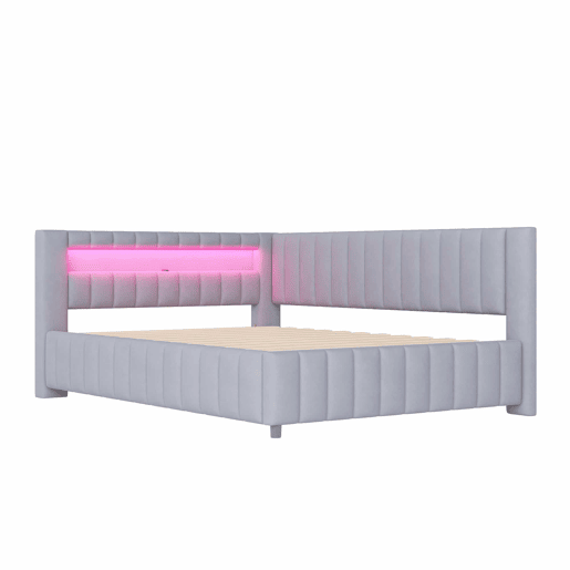 Sofá-cama 140x200 - Polsterbett com luz LED, porta USB, encosto e cabeceira - Cinza