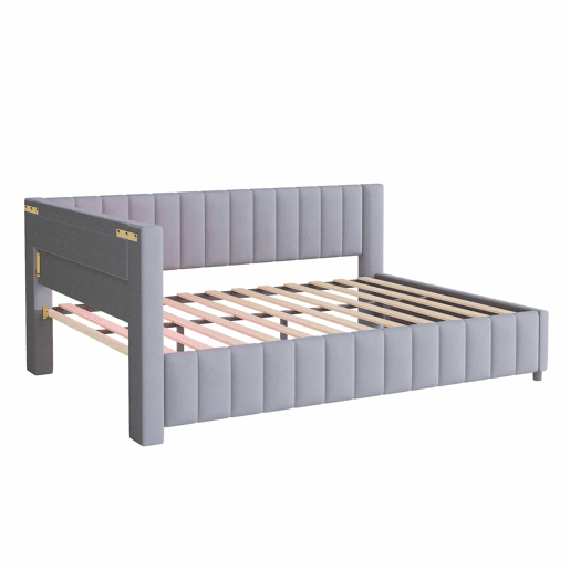 Sofá-cama 140x200 - Polsterbett com luz LED, porta USB, encosto e cabeceira - Cinza