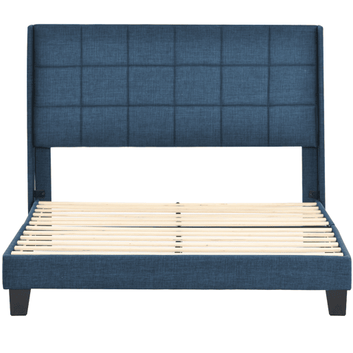 Cama Polsterbett 140x200cm - Com cabeceira acolchoada, com estrado, de linho azul, firmeza média - Azul