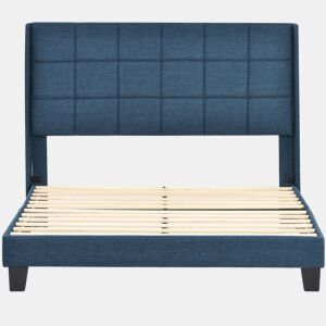 Cama Polsterbett 140x200cm - Com cabeceira acolchoada, com estrado, de linho azul, firmeza média - Azul