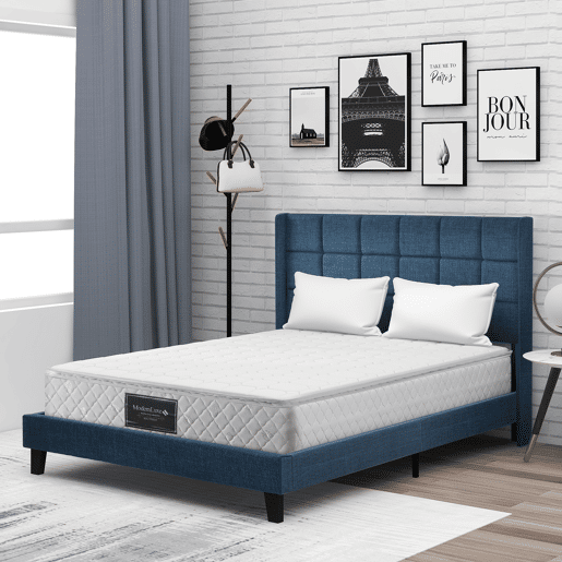 Cama Polsterbett 140x200cm - Com cabeceira acolchoada, com estrado, de linho azul, firmeza média - Azul
