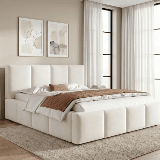 Cama estofada 180 x 200 cm - com base de colchão e cabeceira acolchoada - bege chenille Cama estofada 180 x 200 cm - com base de colchão e cabeceira acolchoada - bege chenille