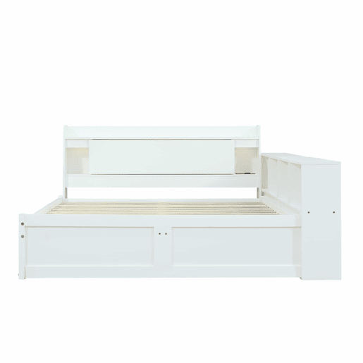 Cama de casal 140x200 - cabeceira com prateleira e 2 luzes, porta de carregamento, armários e gavetas laterais - Branco