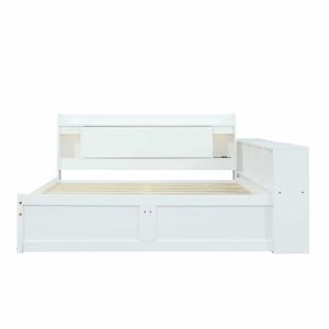 Cama de casal 140x200 - cabeceira com prateleira e 2 luzes, porta de carregamento, armários e gavetas laterais - Branco