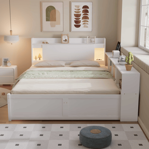 Cama de casal 140x200 - cabeceira com prateleira e 2 luzes, porta de carregamento, armários e gavetas laterais - Branco