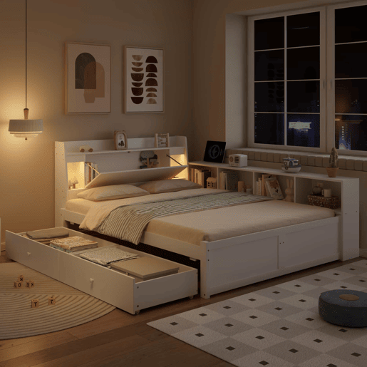 Cama de casal 140x200 - cabeceira com prateleira e 2 luzes, porta de carregamento, armários e gavetas laterais - Branco
