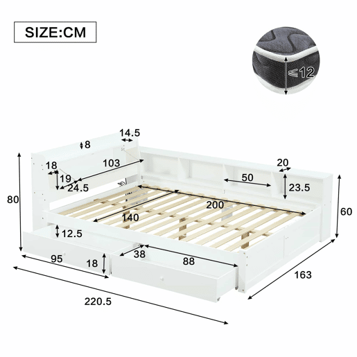 Cama de casal 140x200 - cabeceira com prateleira e 2 luzes, porta de carregamento, armários e gavetas laterais - Branco