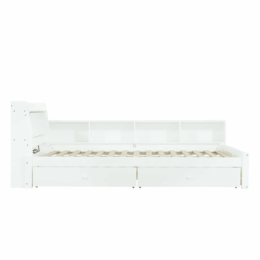Cama de casal 140x200 - cabeceira com prateleira e 2 luzes, porta de carregamento, armários e gavetas laterais - Branco