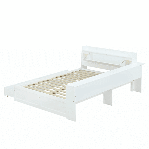 Cama de casal 140x200 - cabeceira com prateleira e 2 luzes, porta de carregamento, armários e gavetas laterais - Branco