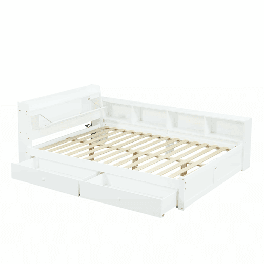 Cama de casal 140x200 - cabeceira com prateleira e 2 luzes, porta de carregamento, armários e gavetas laterais - Branco